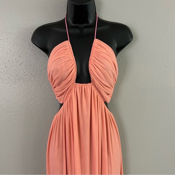 Staud Pink Peach Reversible Mesh Colorblock Kanha Halter Maxi Dress Size S Guava - Picture 3 of 10
